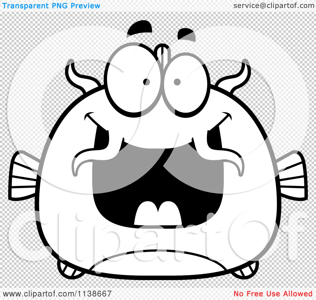 Cartoon Clipart Of A Black And White Excited Catfish - Vector Outlined