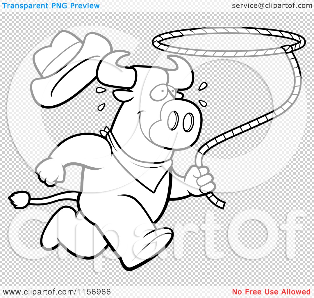 Cartoon Clipart Of A Black And White Running Rodeo Bull with a Lasso