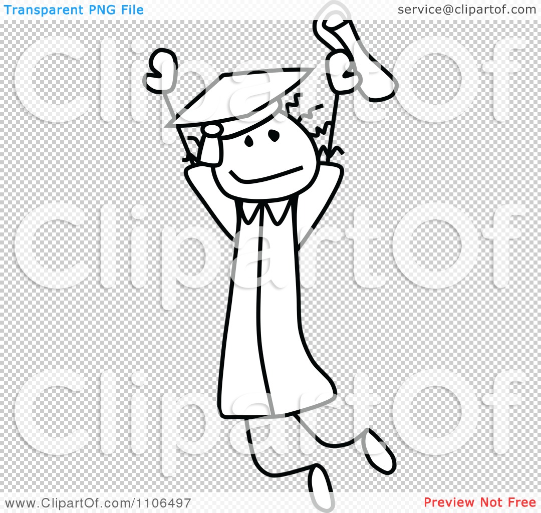 Clipart Black And White Stick Drawing Of A Happy Graduate Girl Jumping