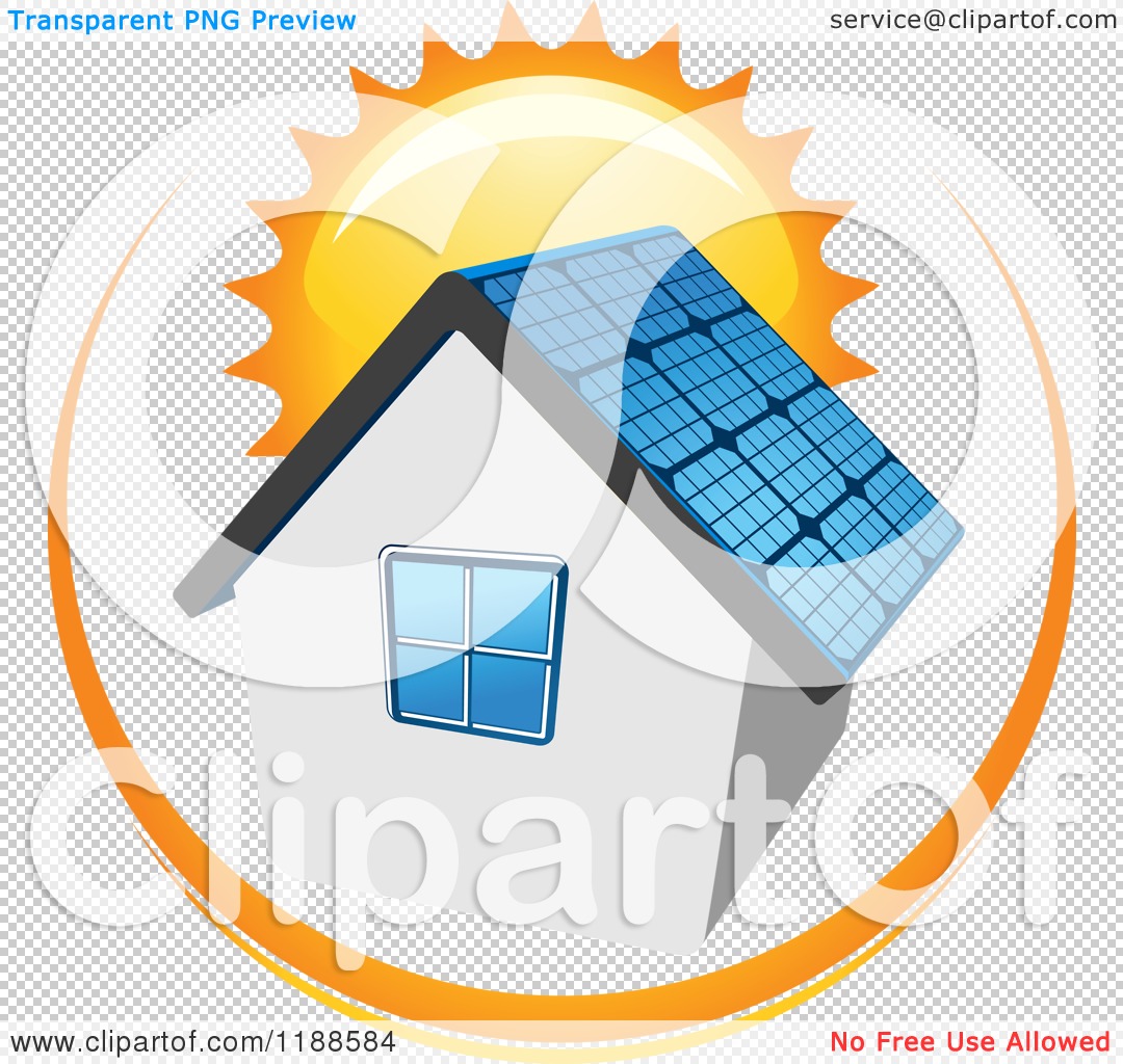 Clipart Of A House With A Solar Panel Roof And Sun Royalty Free