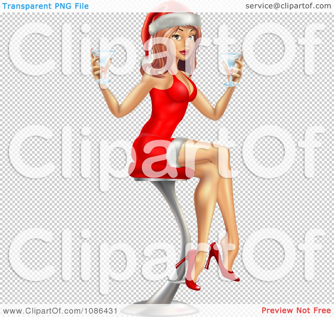 Clipart Sexy Christmas Pinup In A Santa Hat And Red Dress Sitting With
