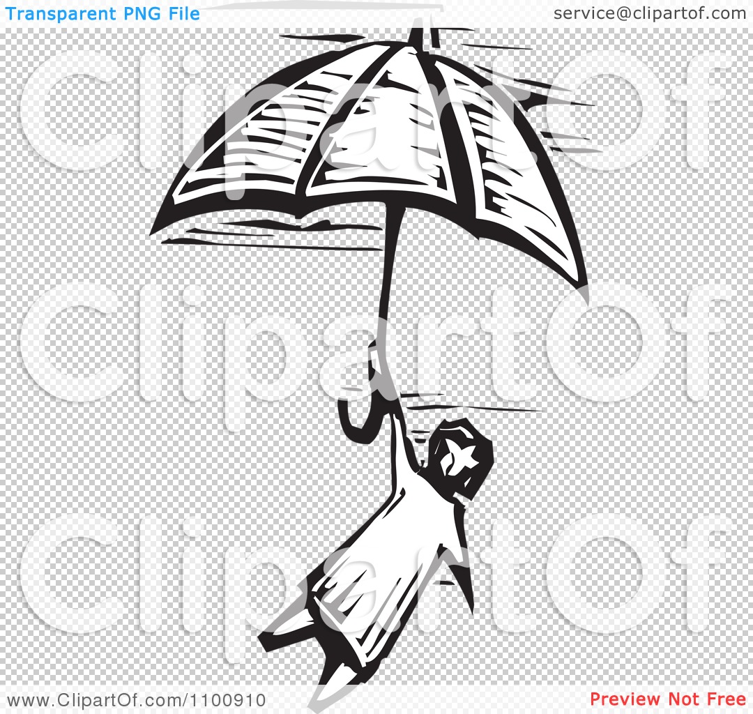 Clipart Woodcut Black And White Style Girl Flying With An Umbrella In ...