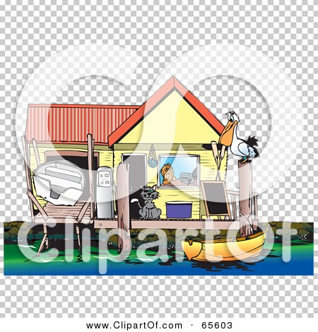  Clipart Illustration of a Cat And Pelican On The Deck Of A Boat Shed