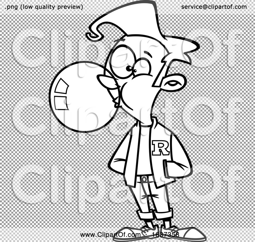 Download Cartoon Black and White Teen Boy Wearing a Letter Jacket and Blowing Bubble Gum by toonaday #1637358