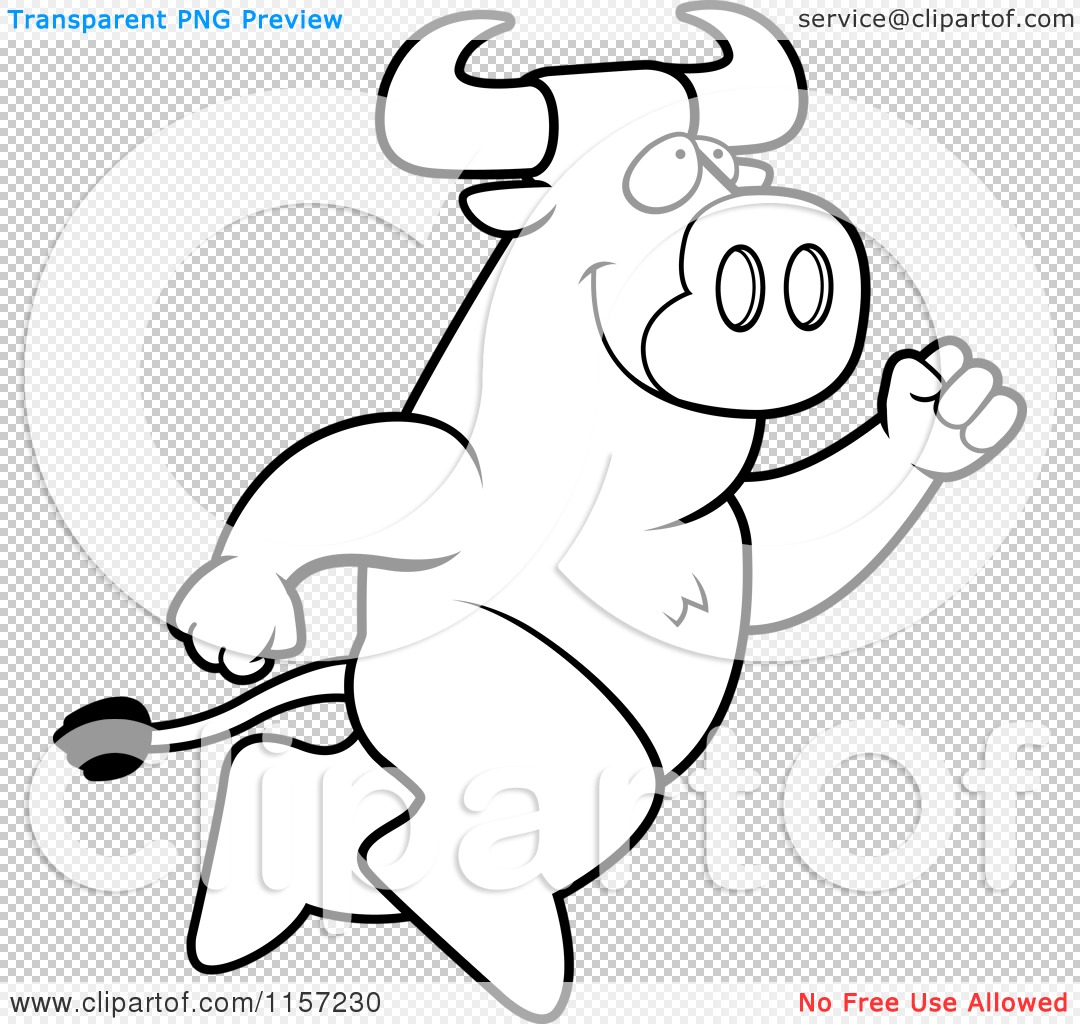 Cartoon Clipart Of A Black And White Big Bull Leaping - Vector Outlined