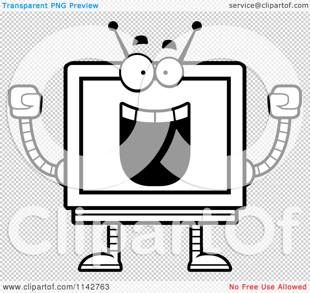 Cartoon Clipart Of A Black And White Cheering Screen Robot - Vector ...