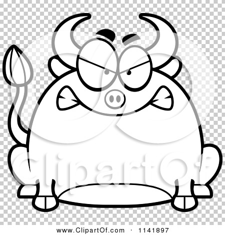 Cartoon Clipart Of A Black And White Chubby Mad Bull - Vector Outlined