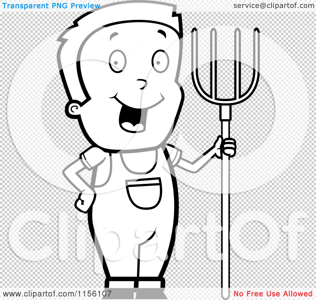 Cartoon Clipart Of A Black And White Farmer Boy with a Pitchfork