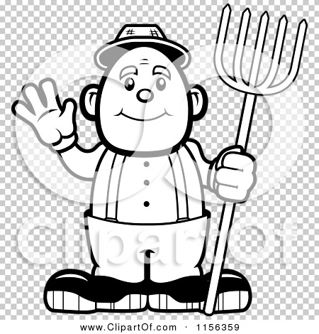 Cartoon Clipart Of A Black And White Farmer Waving - Vector Outlined