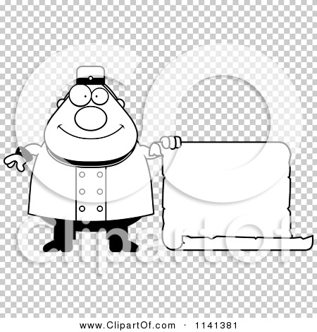 Download Cartoon Clipart Of A Black And White Happy Bellhop Worker Holding A Sign - Vector Outlined ...