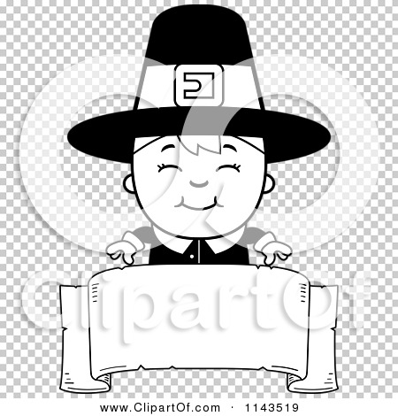 Cartoon Clipart Of A Black And White Happy Pilgrim Boy Over A Blank