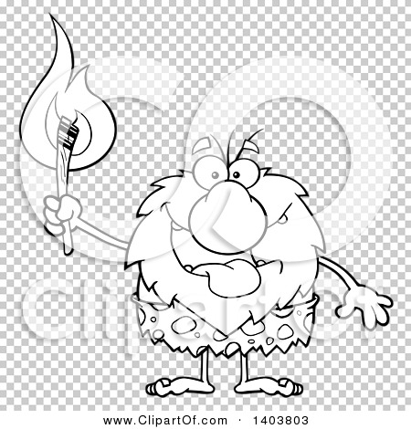 Cartoon Clipart of a Black and White Lineart Caveman Mascot Character