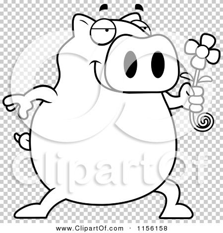 Cartoon Clipart Of A Black And White Pig Holding a Daisy Flower