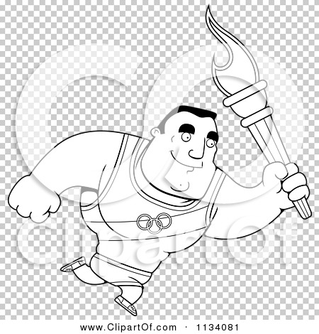 Download Cartoon Clipart Of An Outlined Buff Olympic Athlete Man Running With A Torch - Black And White ...