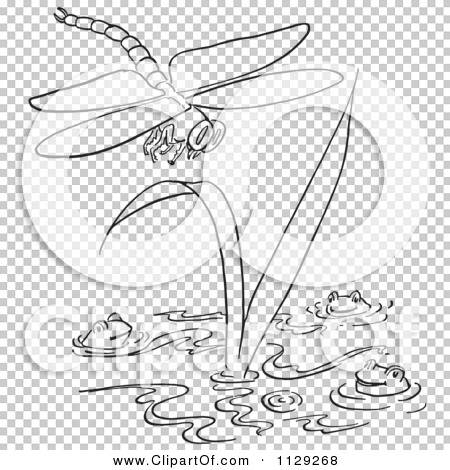 Cartoon Clipart Of An Outlined Dragonfly Over Frogs In A Pond - Black