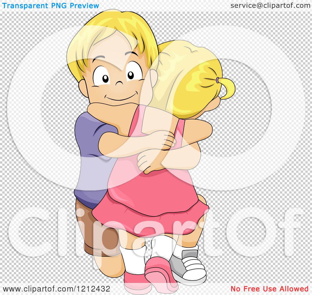 Cartoon Of A Big Brother Kneeling And Hugging His Little Sister Royalty Free Vector Clipart By