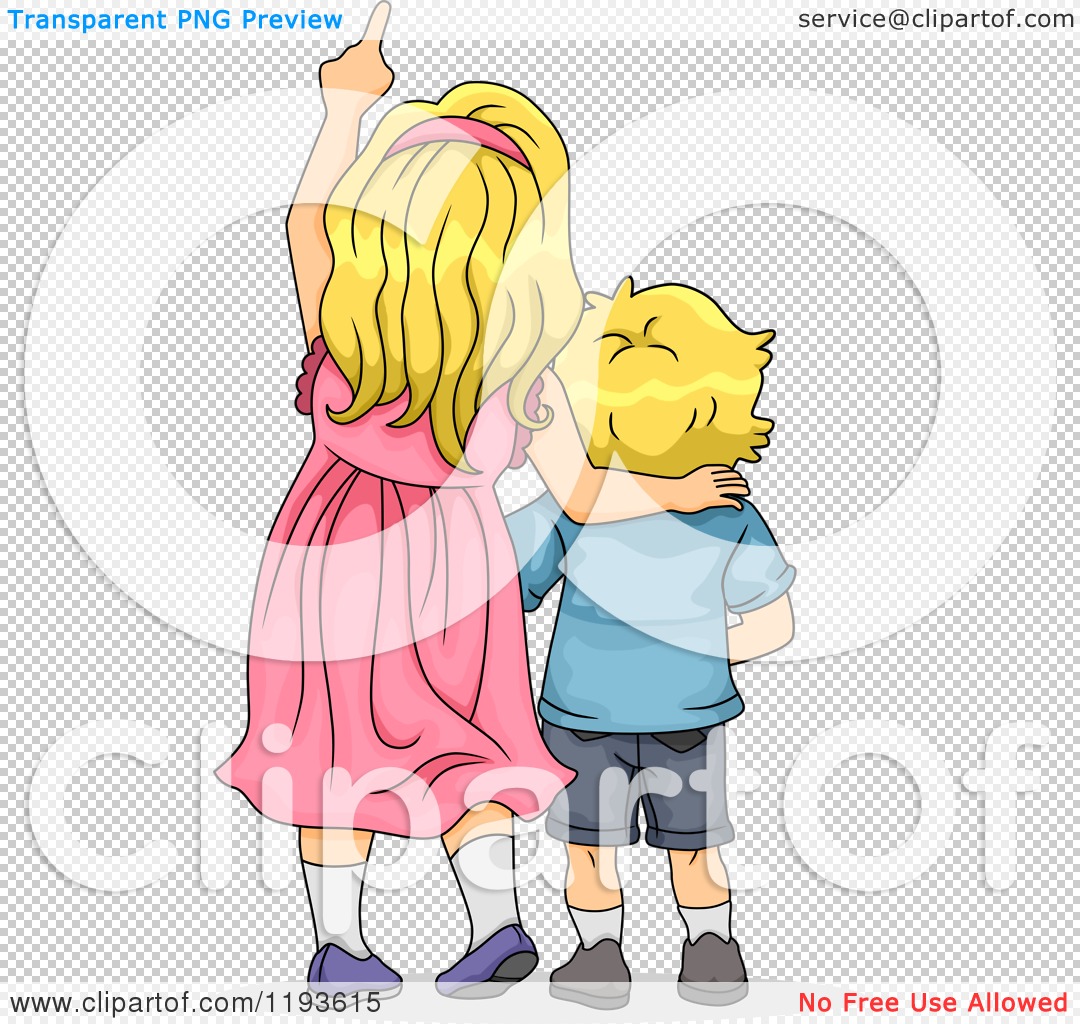 Cartoon of a Big Sister and Little Brother Looking up and Pointing -  Royalty Free Vector Clipart by BNP Design Studio #1193615