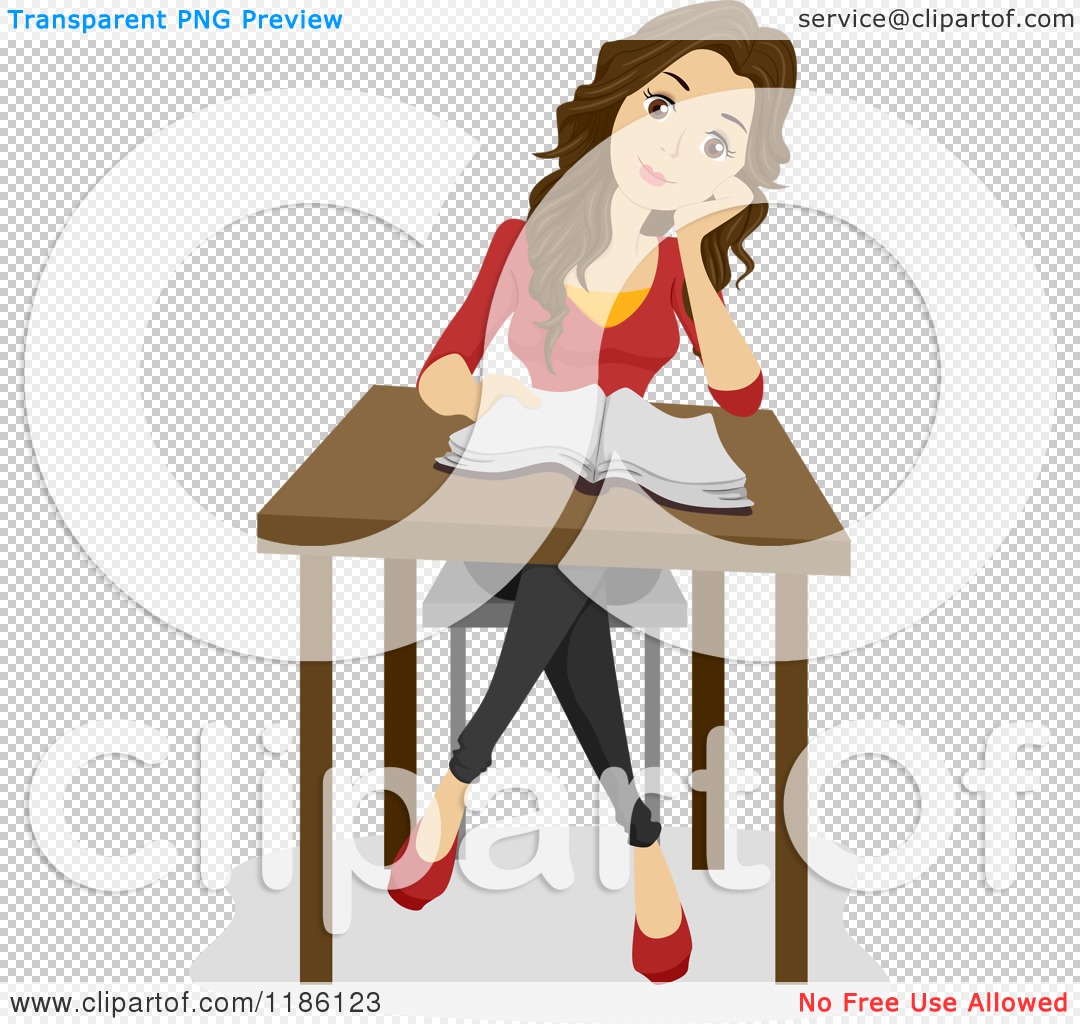 Cartoon Of A Brunette Woman Sitting At A Desk With An Open Book