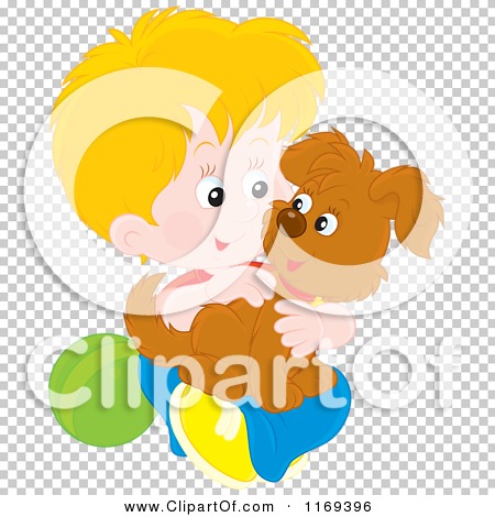 Cartoon of a Happy Blond Boy Holding His Puppy - Royalty Free Vector ...