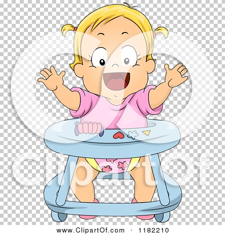 Download Cartoon of a Happy Blond Toddler Girl in a Baby Walker ...