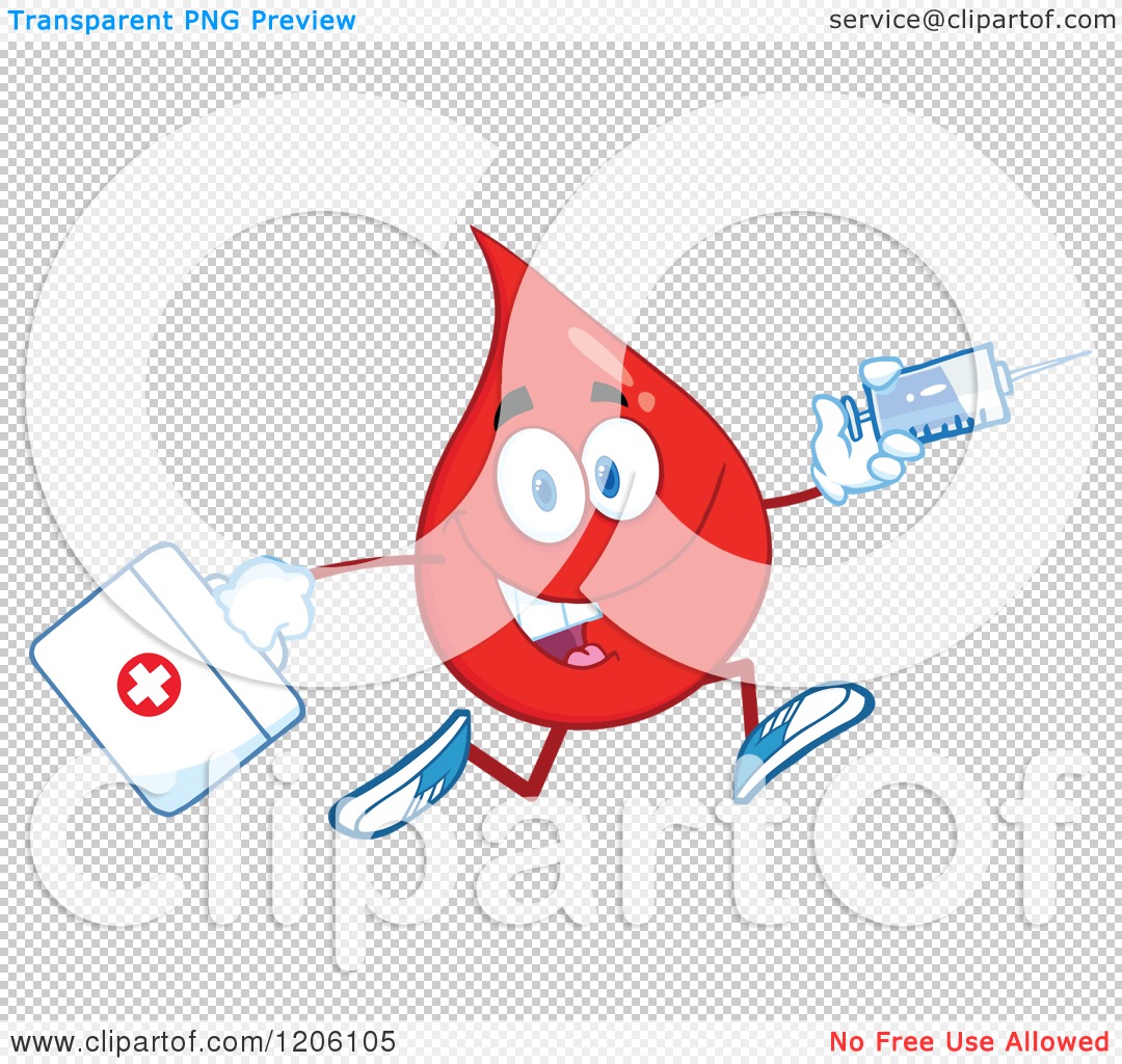 Cartoon of a Happy Blood Drop Running with a First Aid Kit and Syringe ...