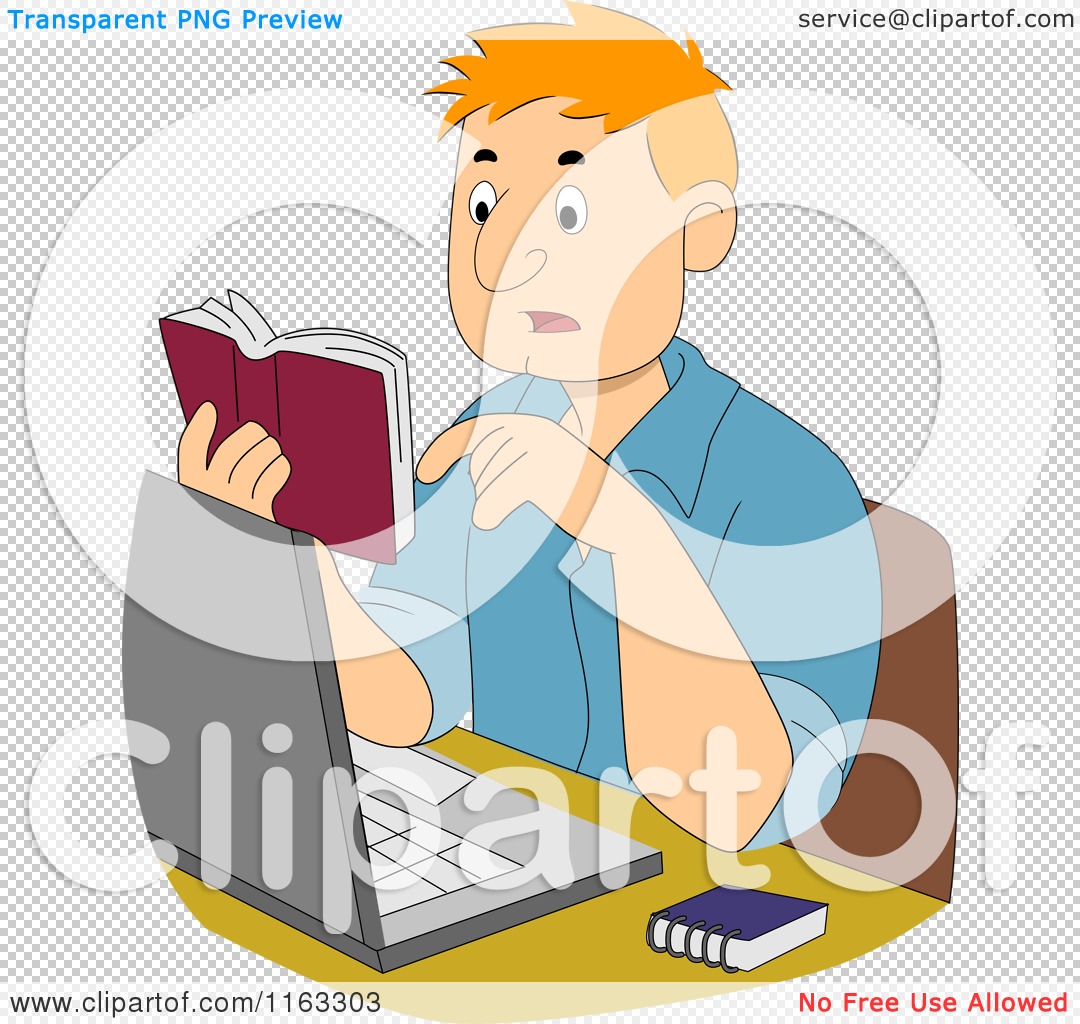 Cartoon of a Male Author or Student Reading a Dictionary over His Laptop -  Royalty Free Vector Clipart by BNP Design Studio #1163303