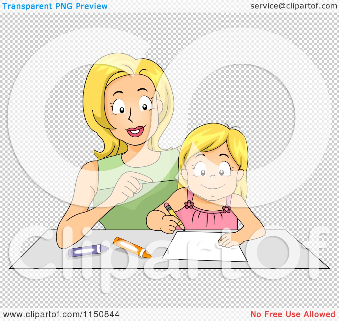 Cartoon of a Mother Helping Her Daughter How to Write a Letter