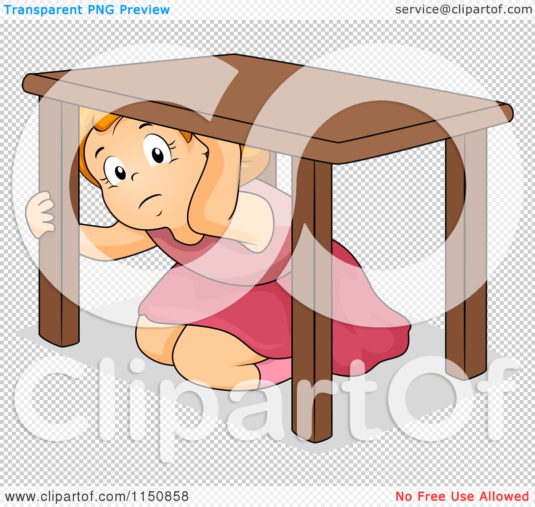 Cartoon of a Scared Girl Hiding Under a Table During an Earthquake -  Royalty Free Vector Clipart by BNP Design Studio #1150858