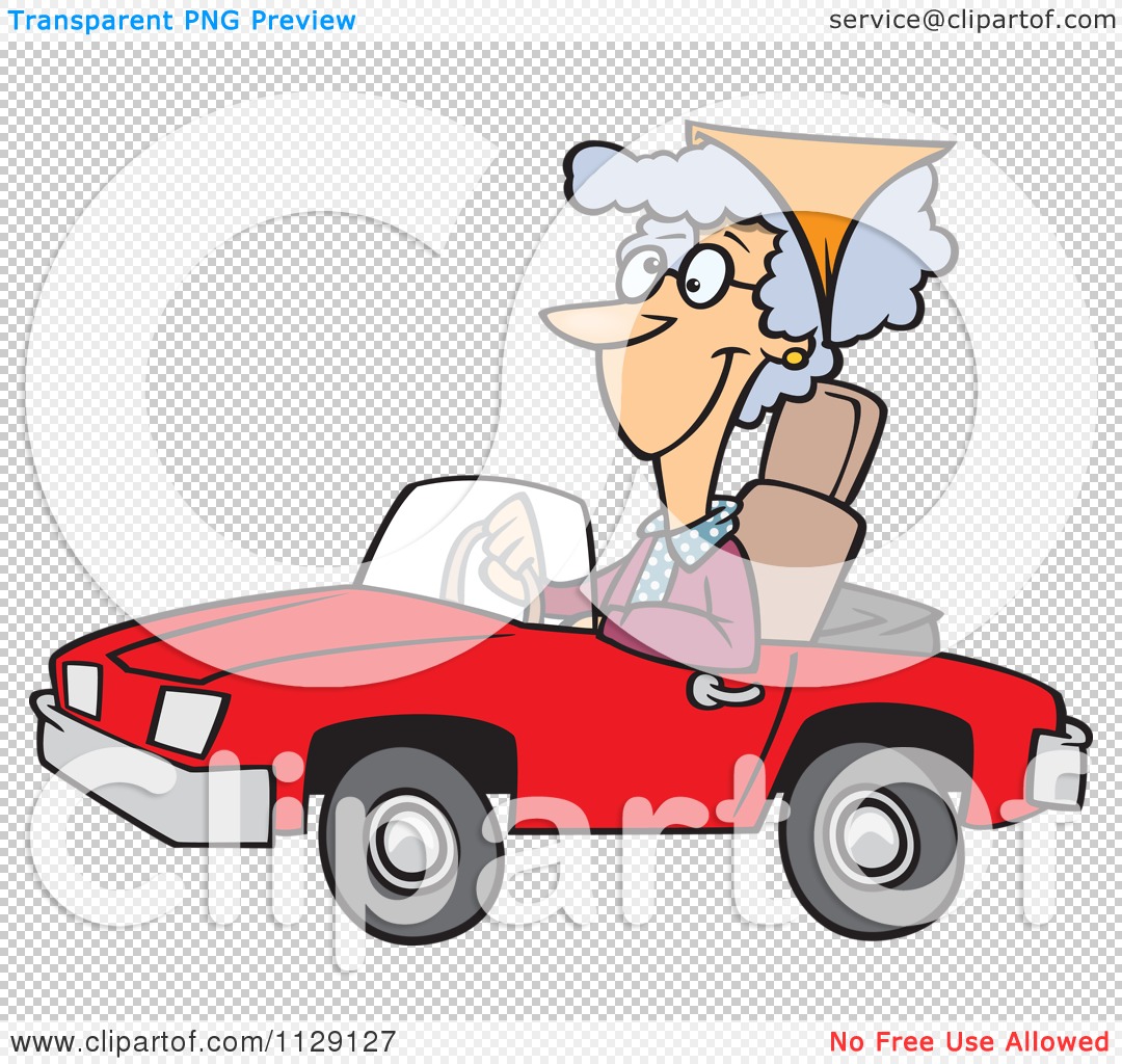 Cartoon Of An Old Lady Driving A Red Convertible Car - Royalty Free Vector  Clipart by toonaday #1129127