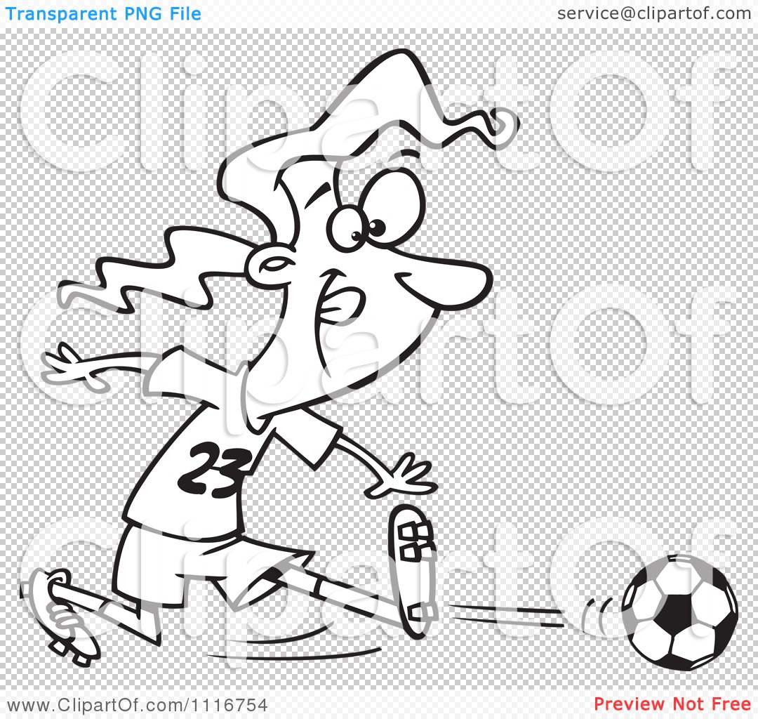 Cartoon Of An Outlined Girl Kicking A Soccer Ball - Royalty Free Vector ...