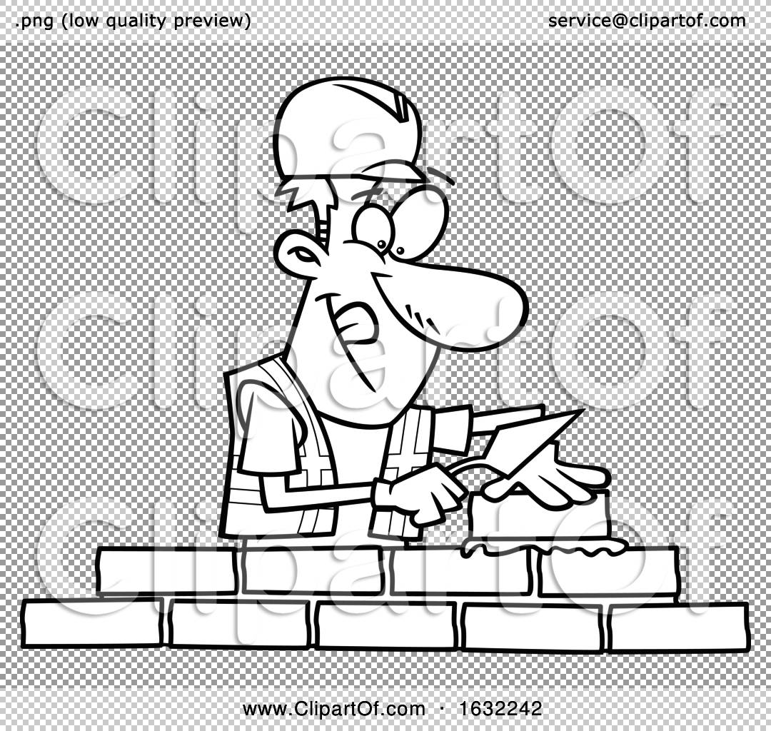 Cartoon Outline Male Mason Contractor Laying Bricks by toonaday #1632242