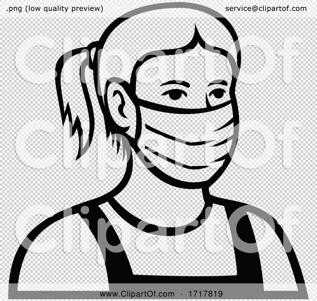 Caucasian Teenage Girl Wearing Face Mask Front View Retro Black and