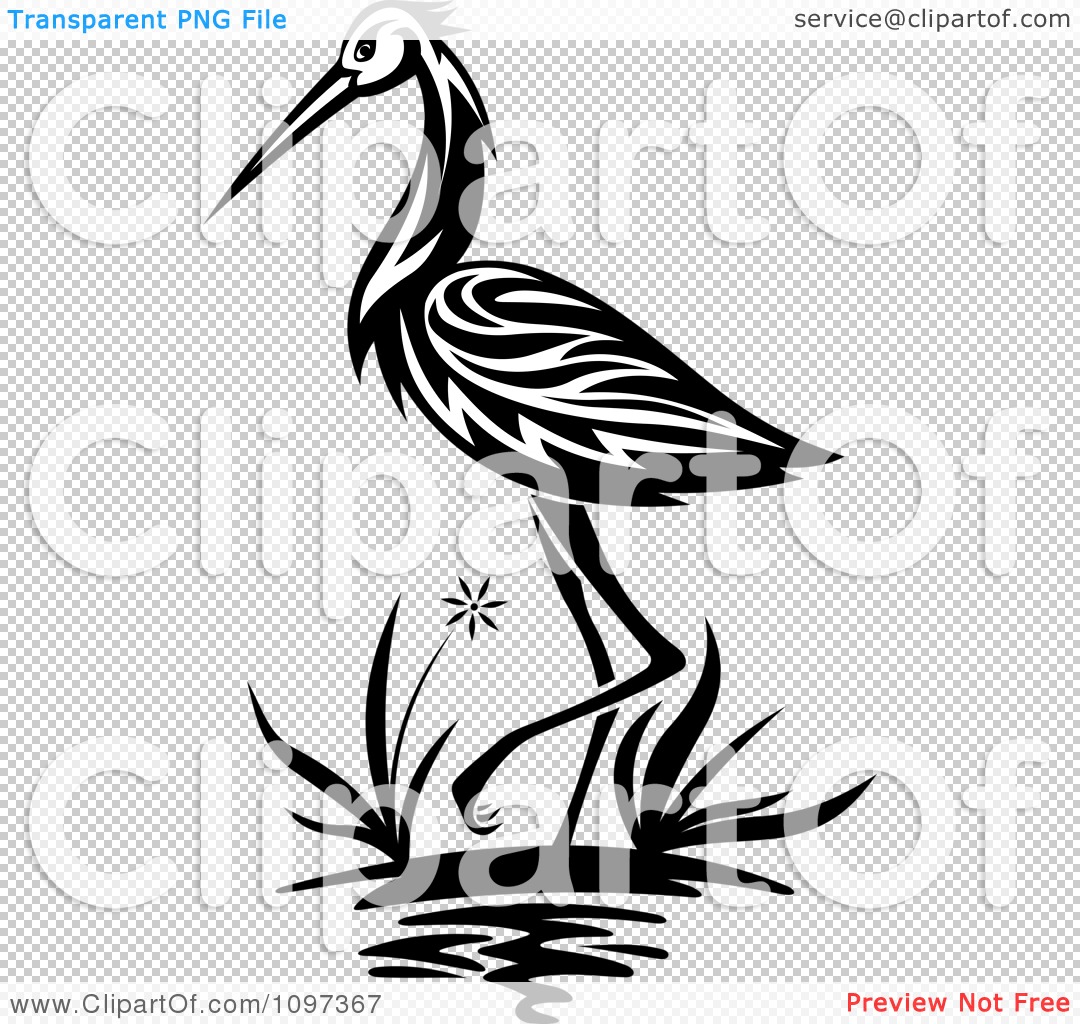 Clipart Black And White Crane Wading In A Marsh - Royalty Free Vector ...