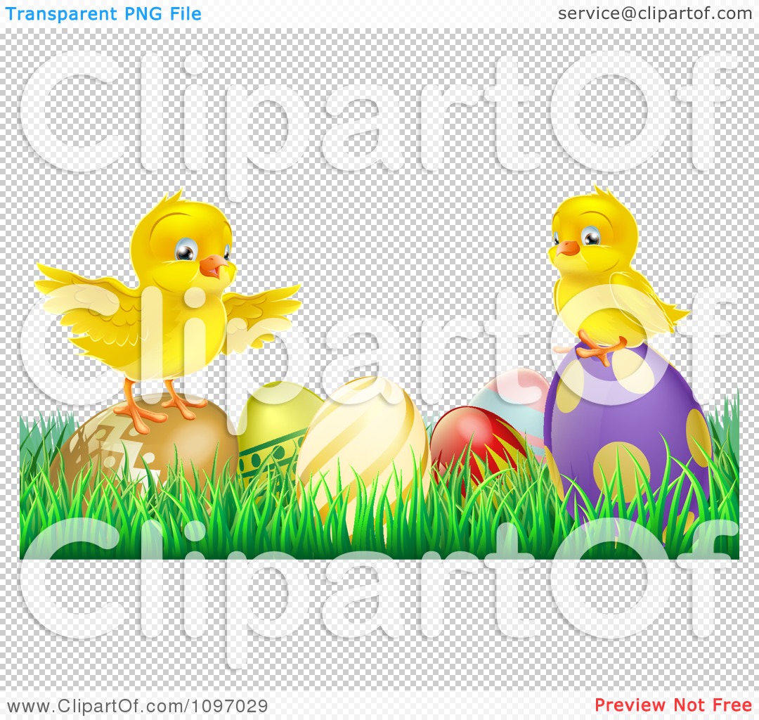 Clipart Cute Yellow Easter Chicks On Top Of Decorated Eggs In Grass ...