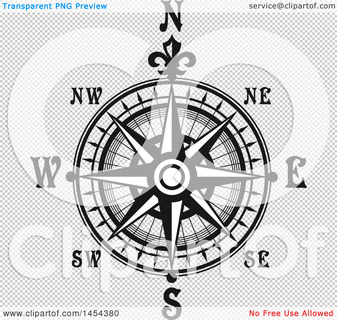 Clipart Graphic of a Black and White Nautical Compass Rose - Royalty