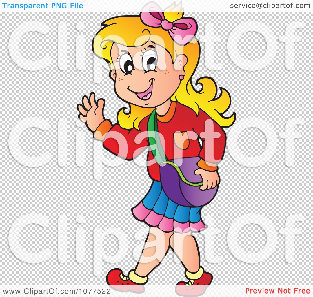 Clipart Happy School Girl Waving And Walking - Royalty Free Vector  Illustration by visekart #1077522
