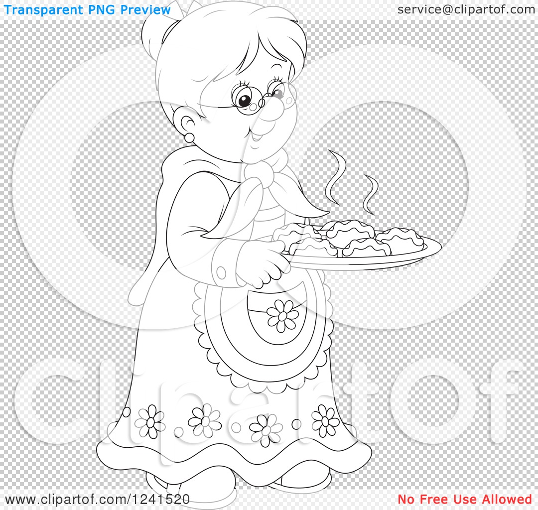 Clipart of a Black and White Happy Granny with Fresh Baked Rolls