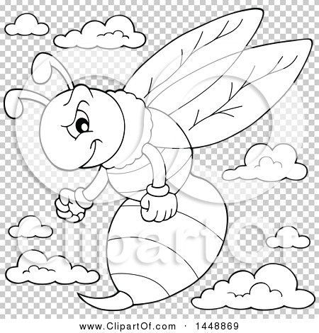 Clipart of a Black and White Lineart Angry Wasp - Royalty Free Vector