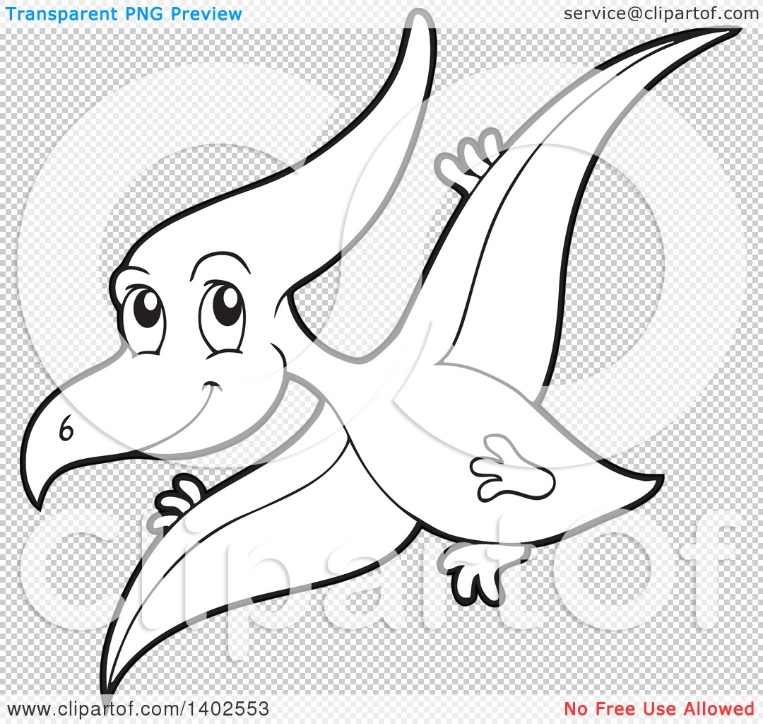 Clipart of a Black and White Lineart Flying Pterodactyl
