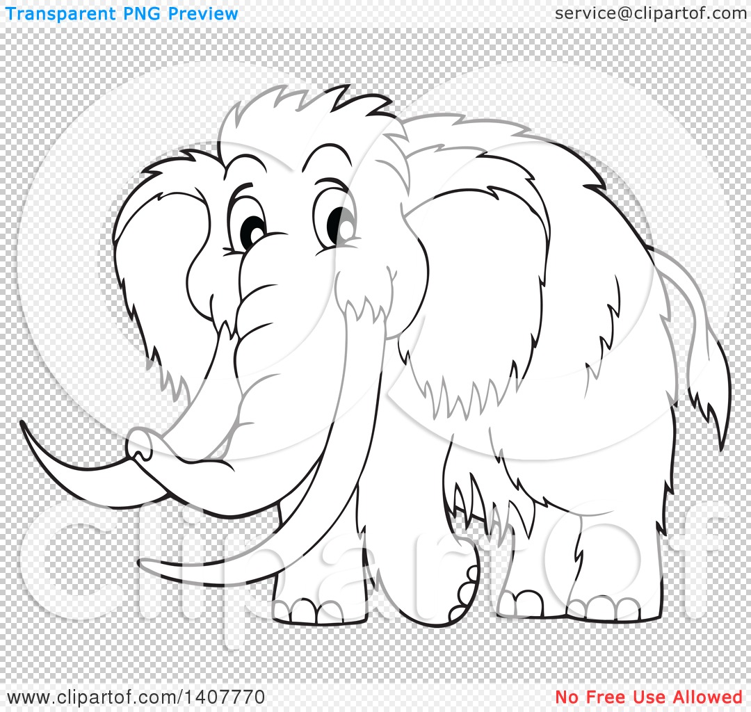 Clipart of a Black and White Lineart Happy Woolly Mammoth - Royalty