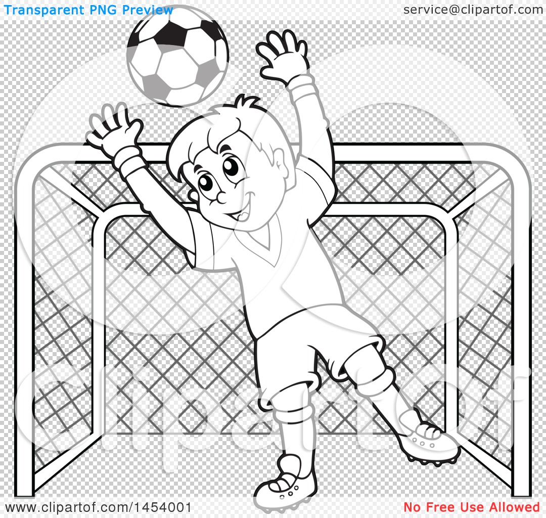 Clipart Of A Black And White Lineart Soccer Goalie Boy Blocking A Ball In Front Of A Goal Royalty Free Vector Illustration By Visekart