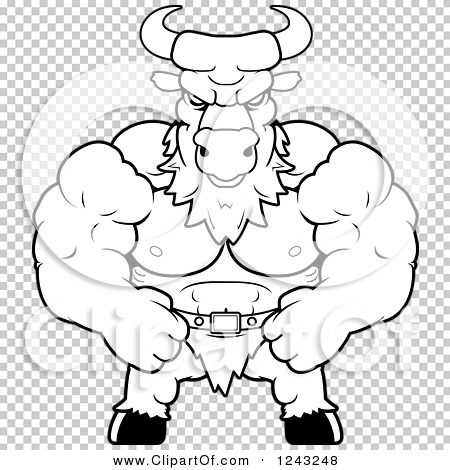 Clipart of a Black and White Muscular Brute Minotaur - Royalty Free