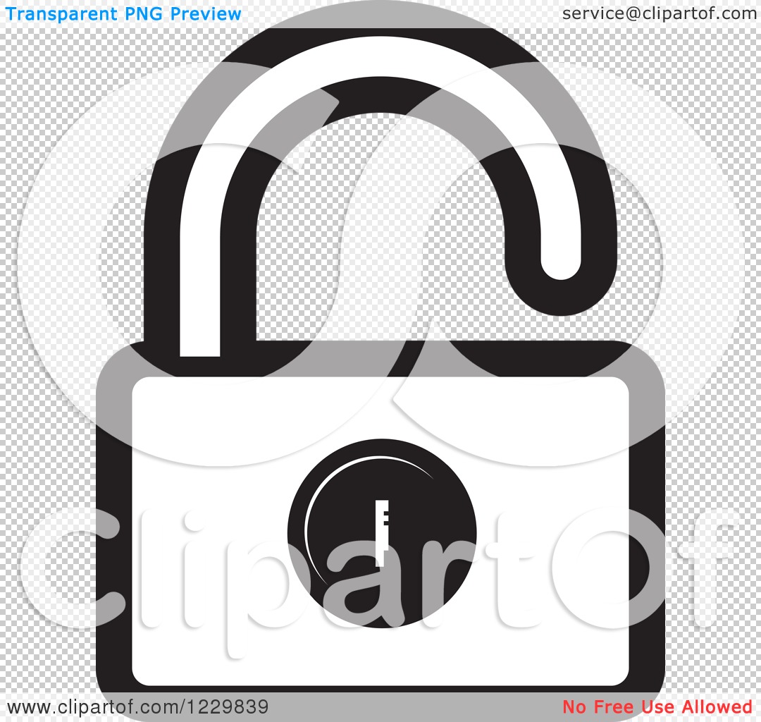 Clipart of a Black and White Open Padlock Icon - Royalty Free Vector