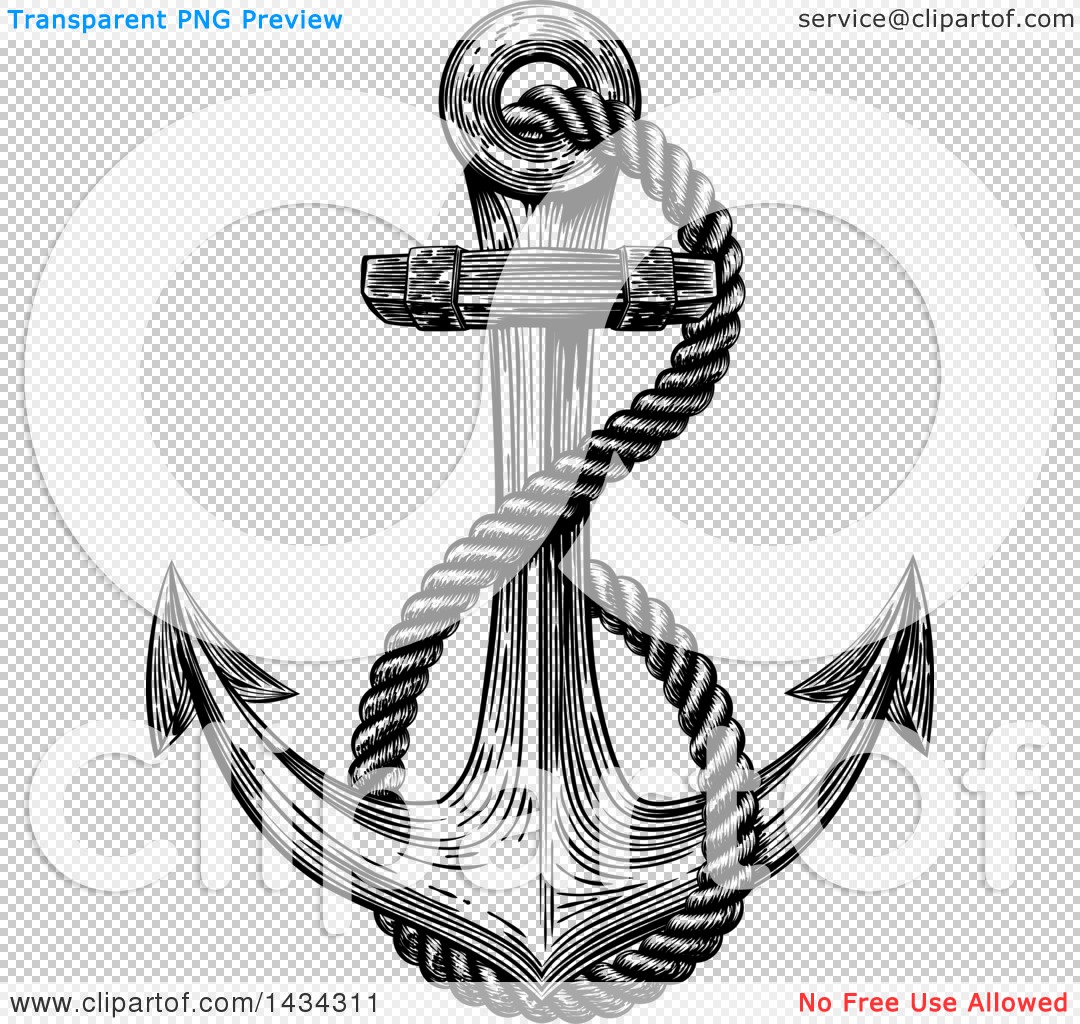 Clipart of a Black and White Retro Woodcut or Engraved Anchor and Rope -  Royalty Free Vector Illustration by AtStockIllustration #1434311