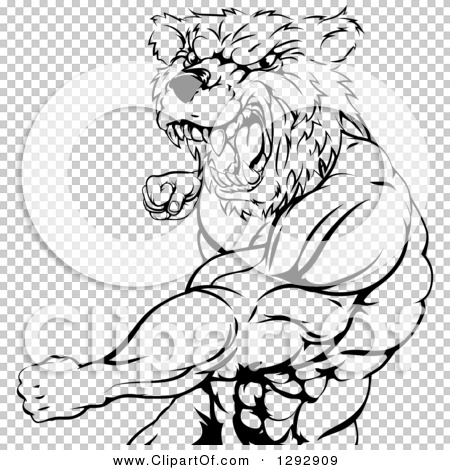 Clipart of a Black and White Roaring Angry Muscular Bear Man Punching
