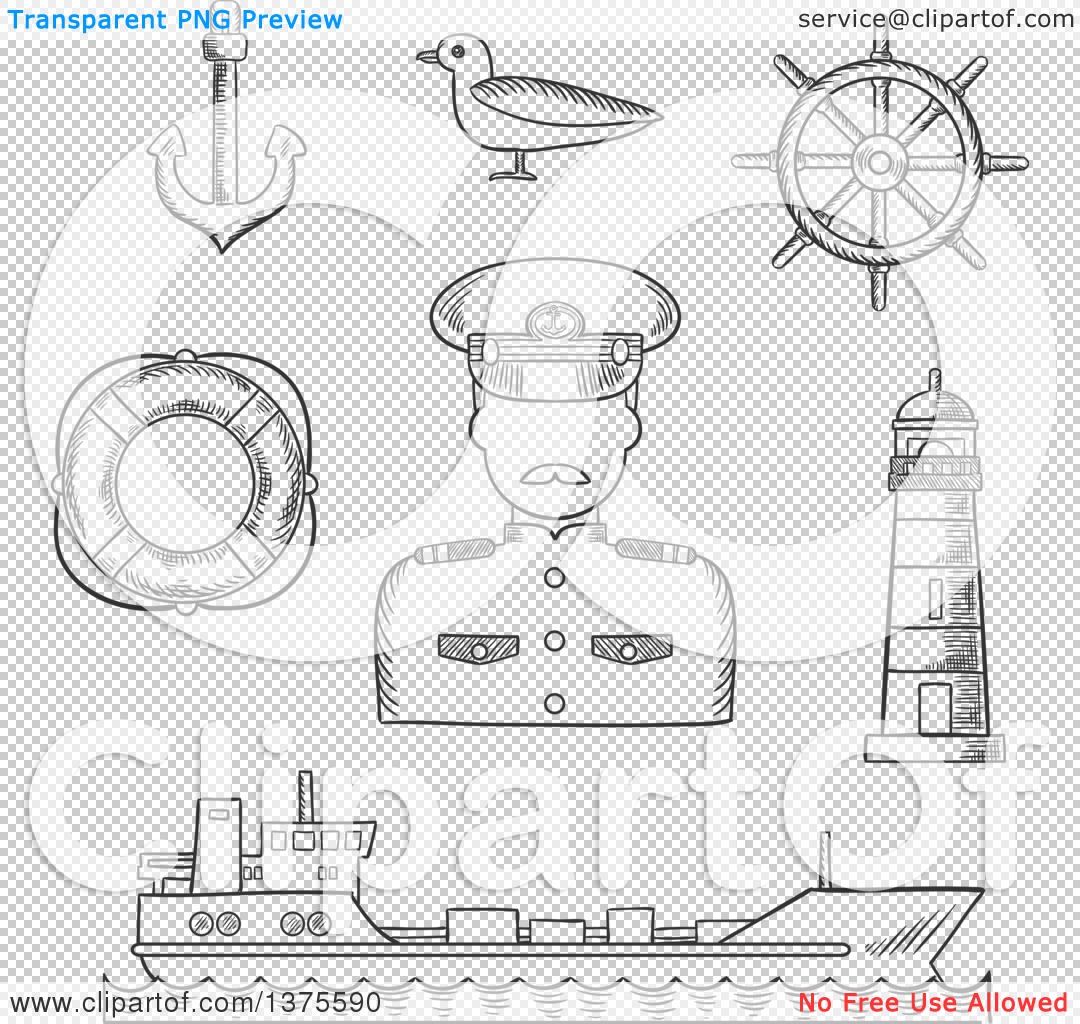 Clipart of a Black and White Sketched Captain in White Uniform, Helm ...