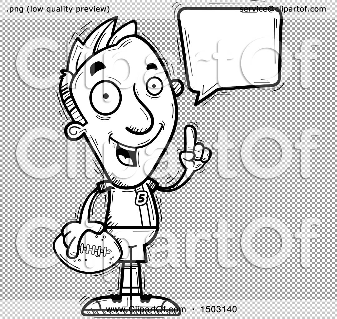 Clipart of a Black and White Talking Male Football Player - Royalty