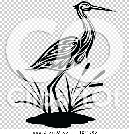 Clipart of a Black and White Wading Tribal Crane Bird with Cattails ...