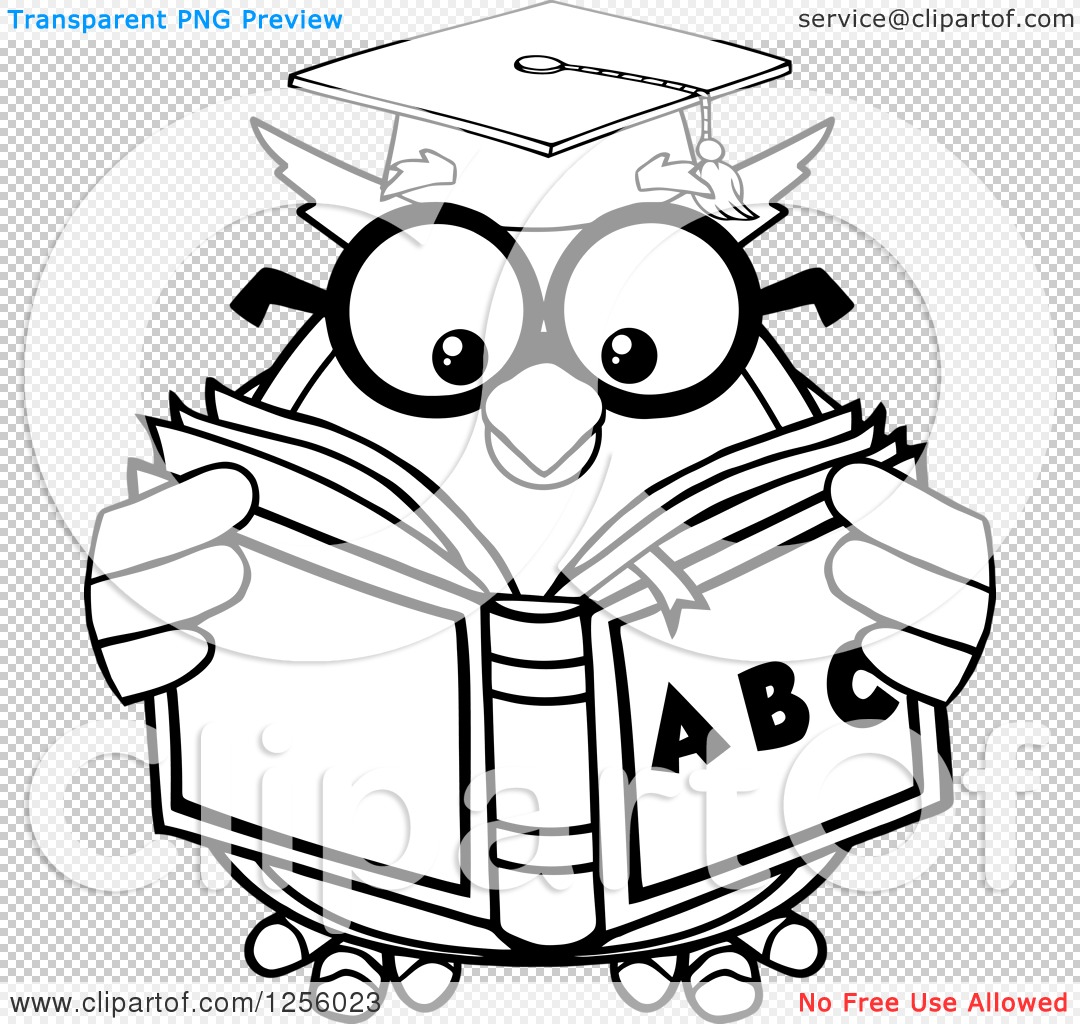 Clipart of a Black and White Wise Professor Owl Reading an ...