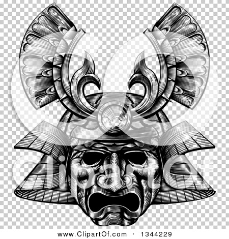Clipart of a Black and White Woodblock Styled Samurai Mask - Royalty ...